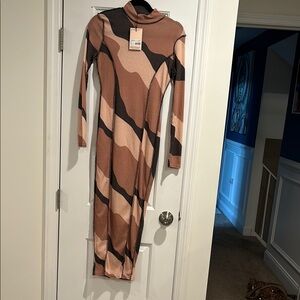Zara Brown Abstract Long Sleeve Dress